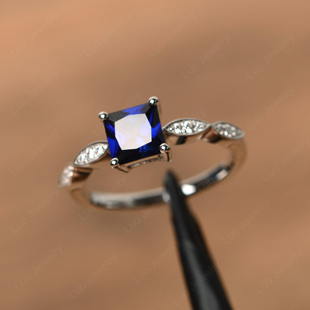 Princess Cut Lab Sapphire Ring White Gold - LUO Jewelry