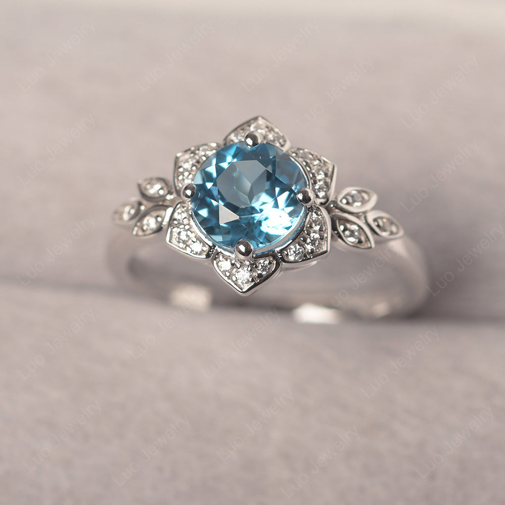 Round Cut Swiss Blue Topaz Flower Ring Yellow Gold - LUO Jewelry