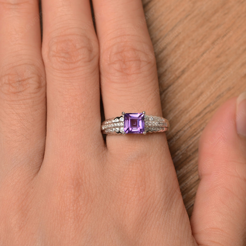 Square Cut Amethyst Art Deco Ring Silver - LUO Jewelry