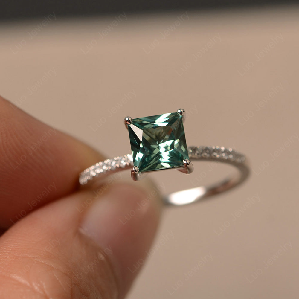 Princess Cut Green Sapphire Ring With Thin Band - LUO Jewelry