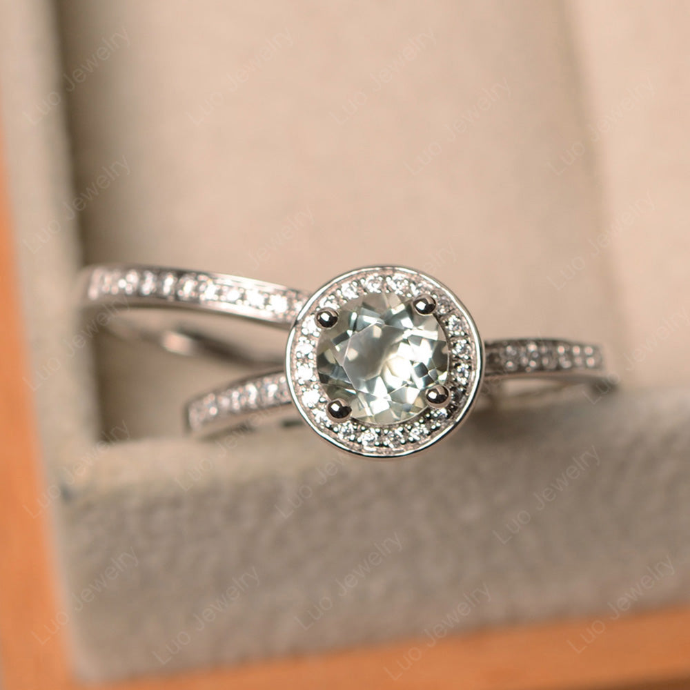 Round Cut Green Amethyst Halo Bridal Set Ring - LUO Jewelry