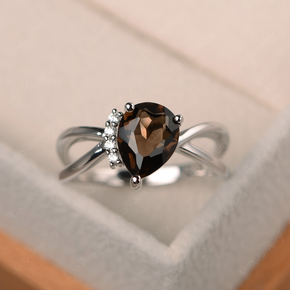 Smoky Quartz Ring Split Shank Pear Engagement Ring - LUO Jewelry