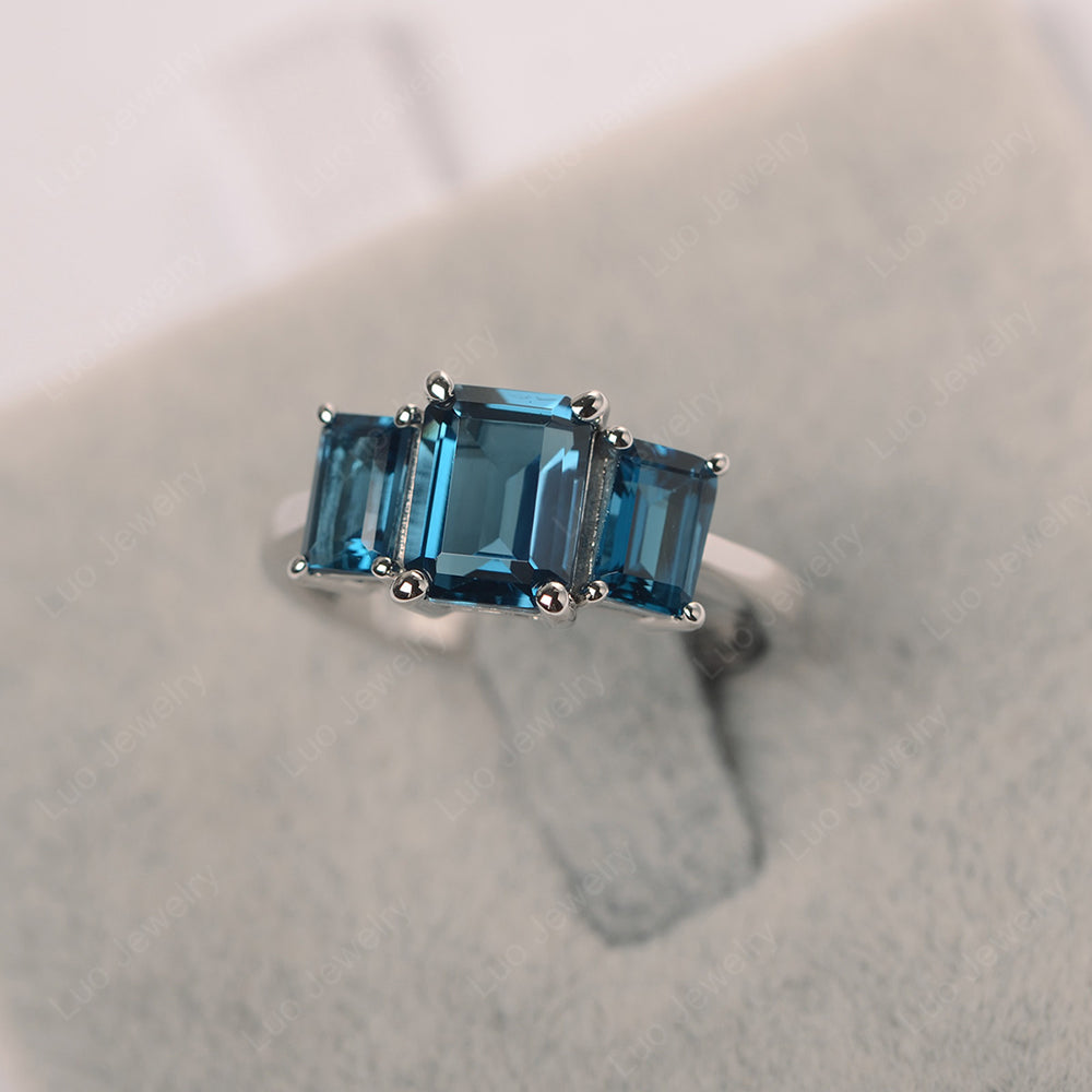 Emerald Cut London Blue Topaz 3 Stone Mothers Ring - LUO Jewelry