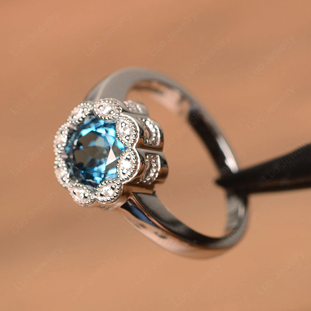 Vintage London Blue Topaz Ring Halo Flower Ring - LUO Jewelry