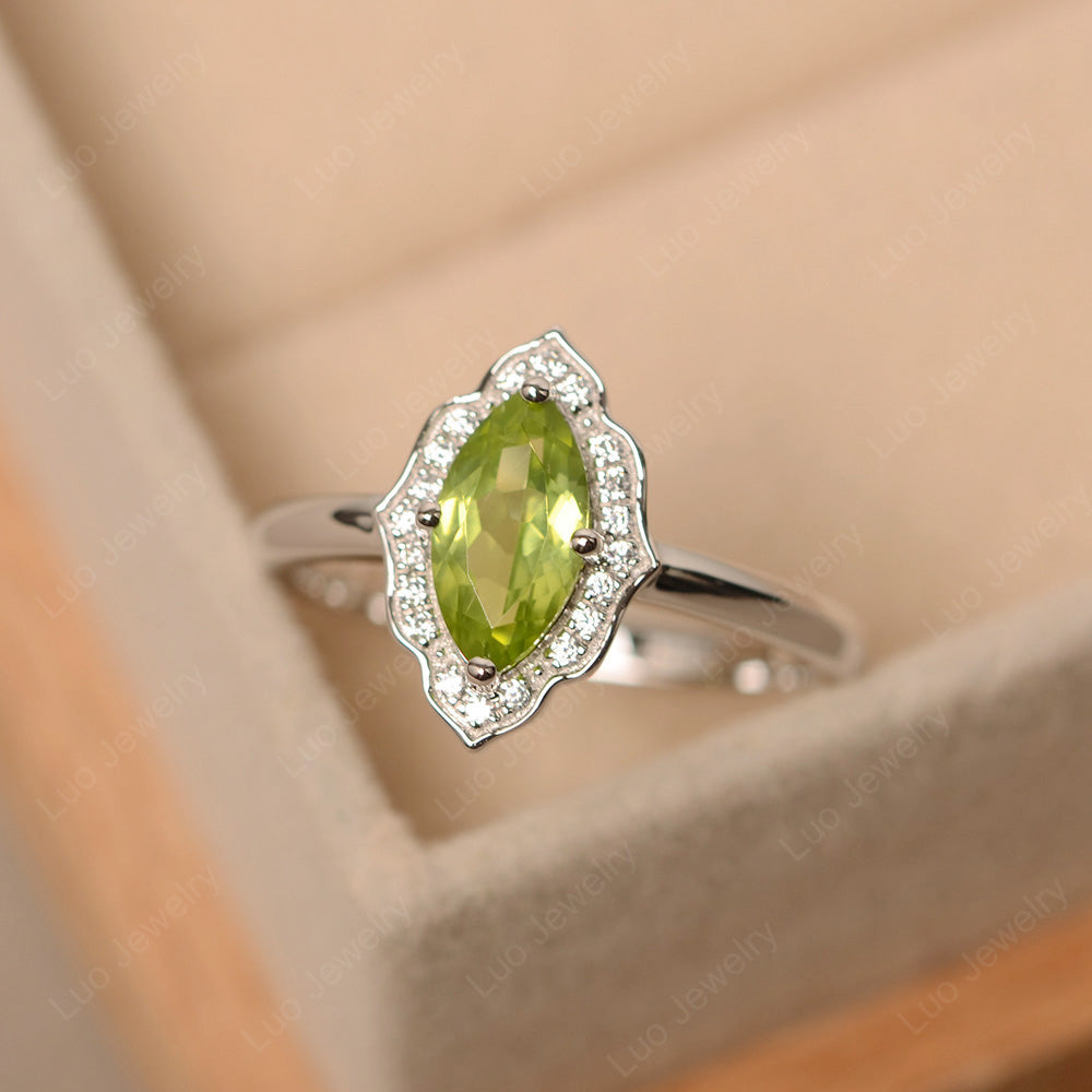 Marquise Cut Peridot Halo Engagement Ring - LUO Jewelry