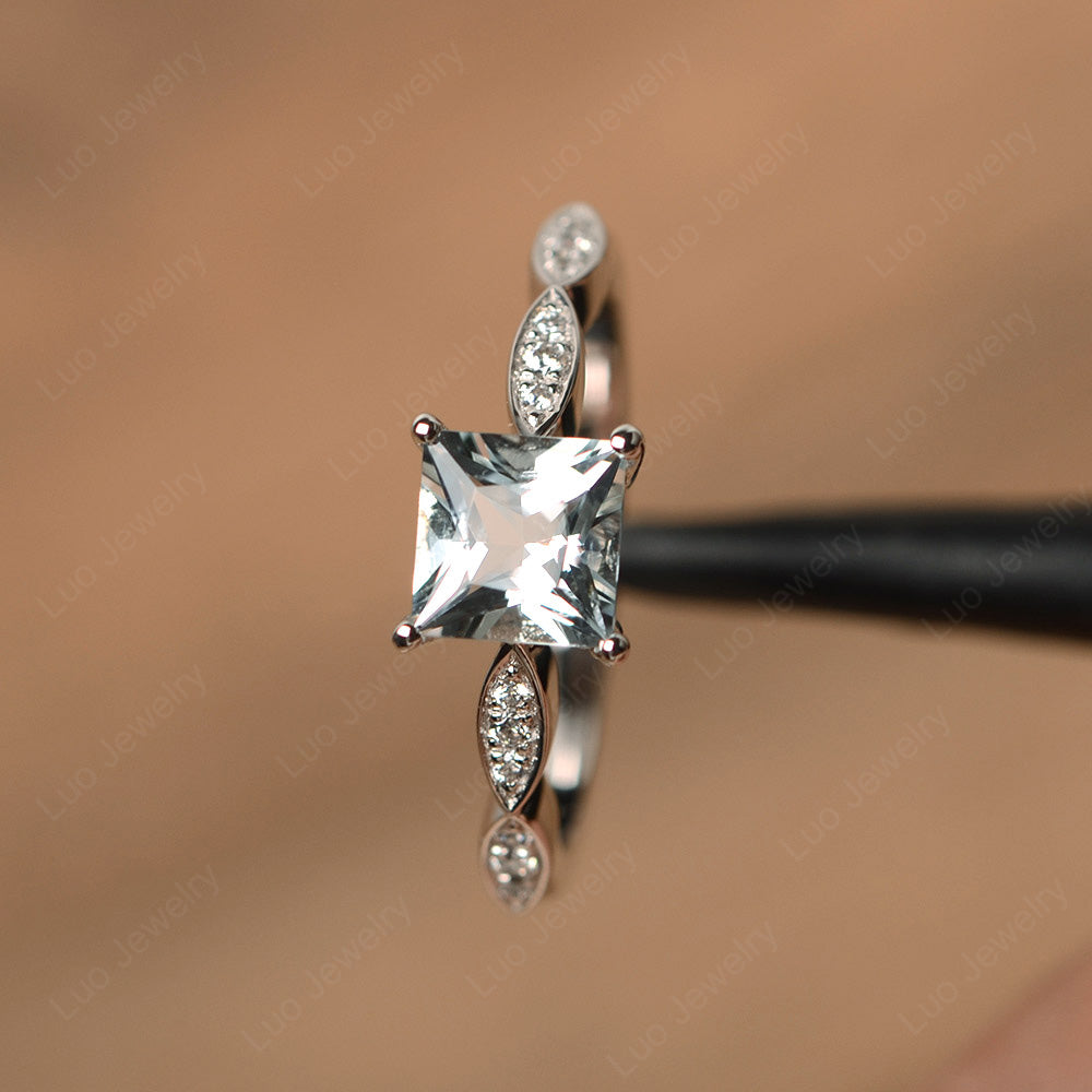 Princess Cut Aquamarine Ring White Gold - LUO Jewelry