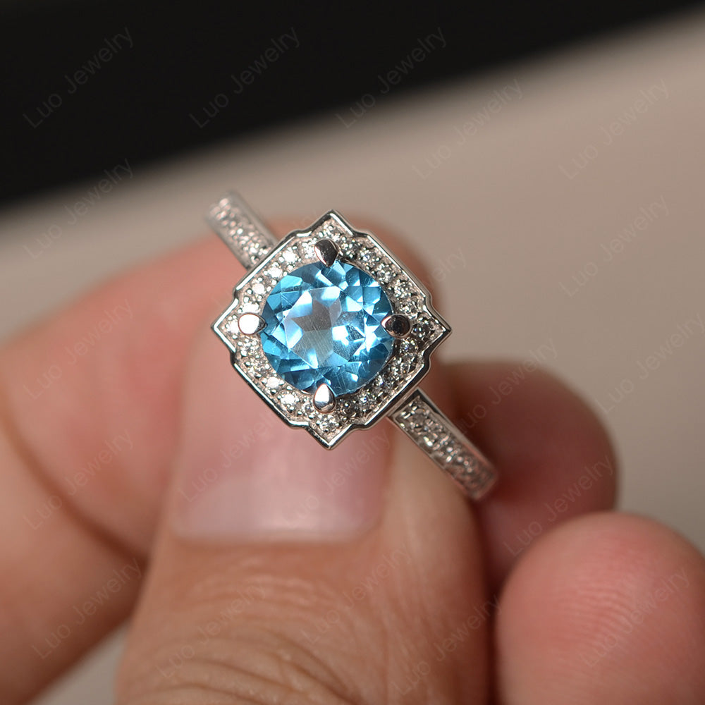 Round Cut Swiss Blue Topaz Halo Engagement Ring Gold - LUO Jewelry