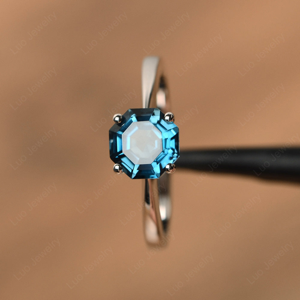 Octagon Cut London Blue Topaz Solitaire Ring White Gold - LUO Jewelry