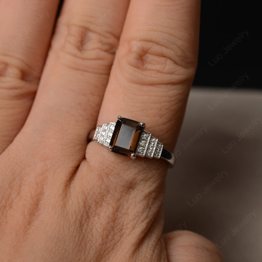 Emerald Cut Smoky Quartz Promise Ring Silver - LUO Jewelry