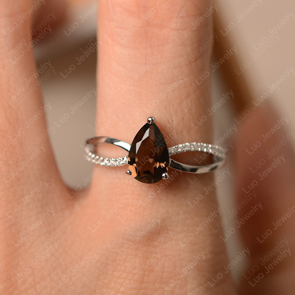 Pear Shaped Smoky Quartz Ring Split Shank - LUO Jewelry