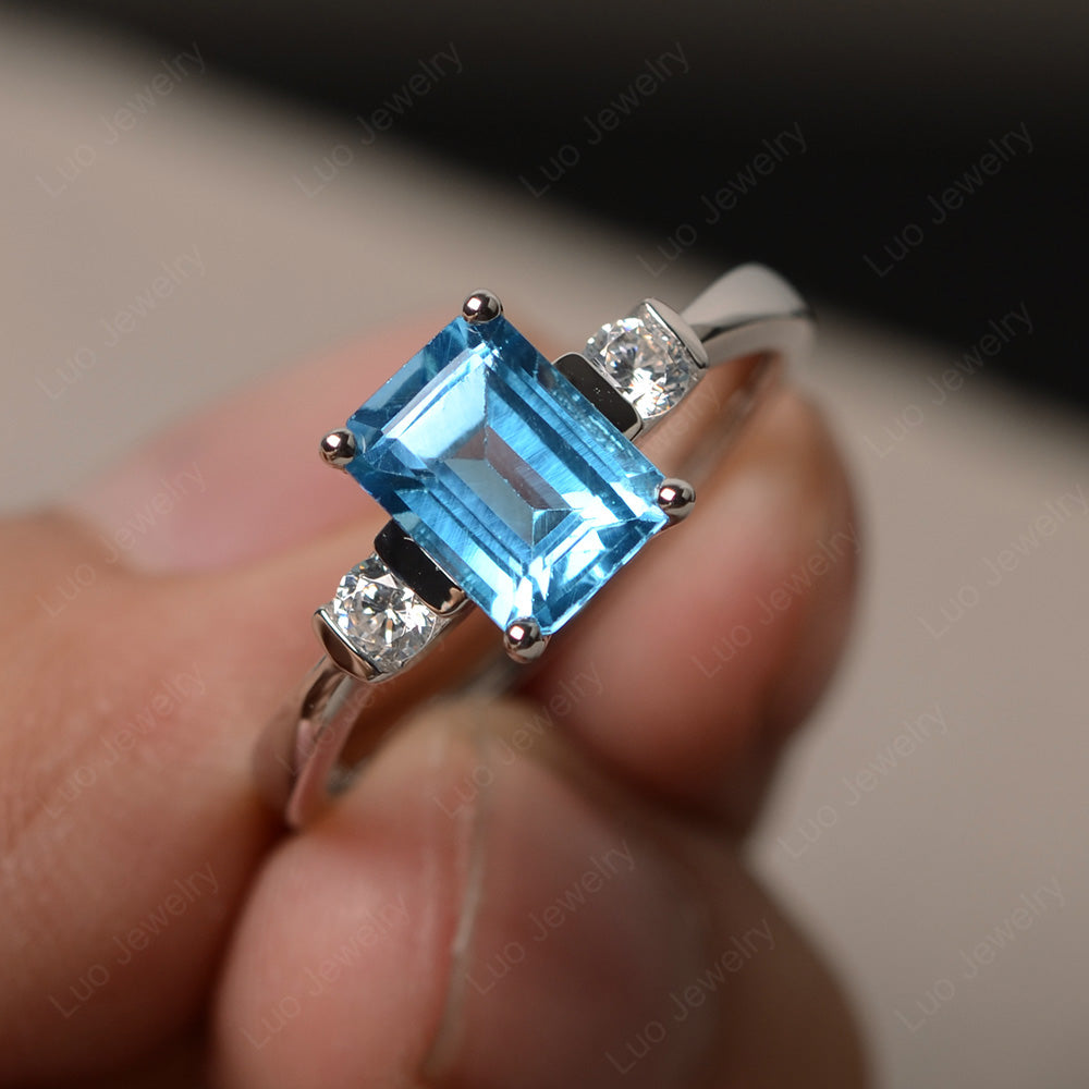 Emerald Cut Swiss Blue Topaz Trilogy Ring LUO