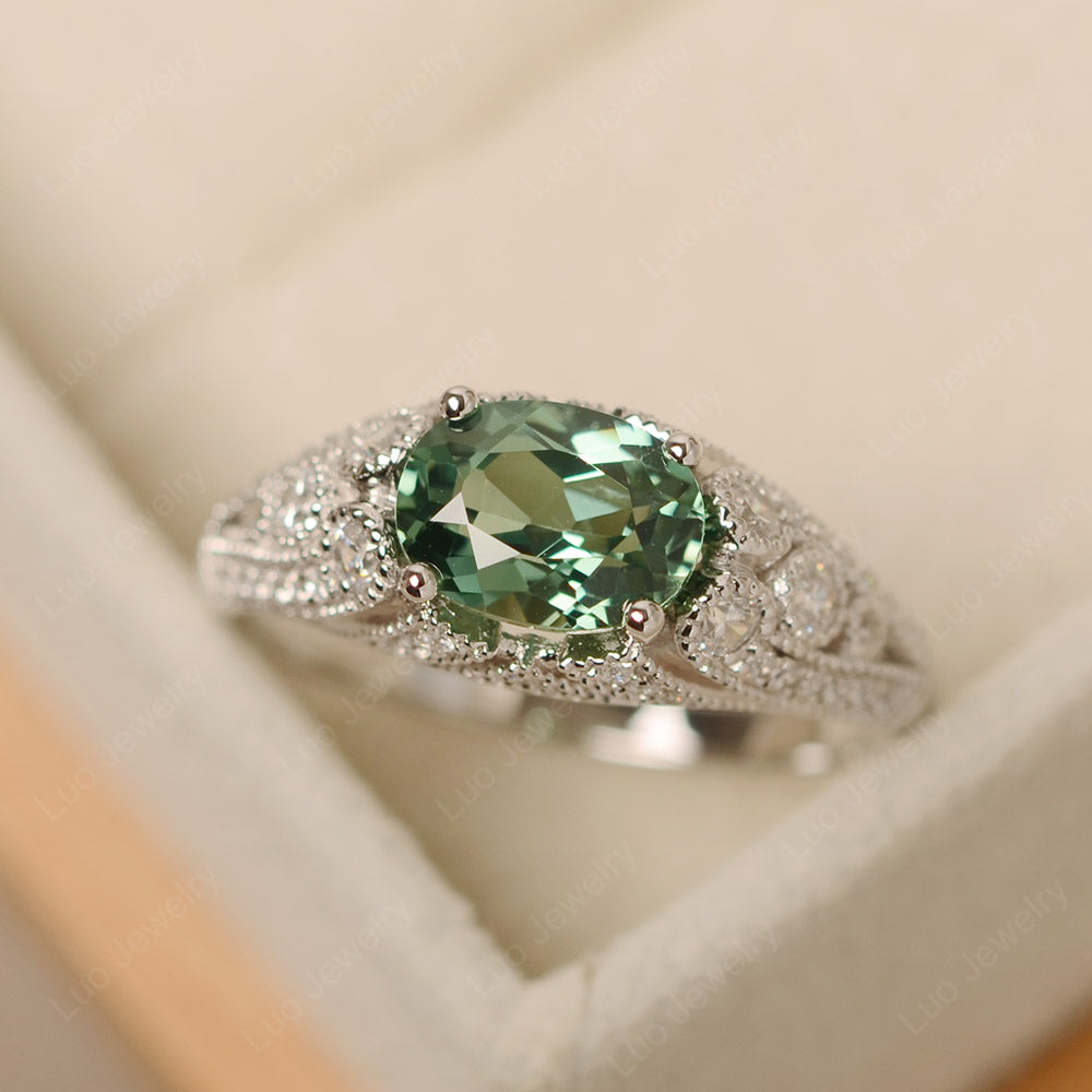 Vintage Horizontal Oval Cut Green Sapphire Ring - LUO Jewelry