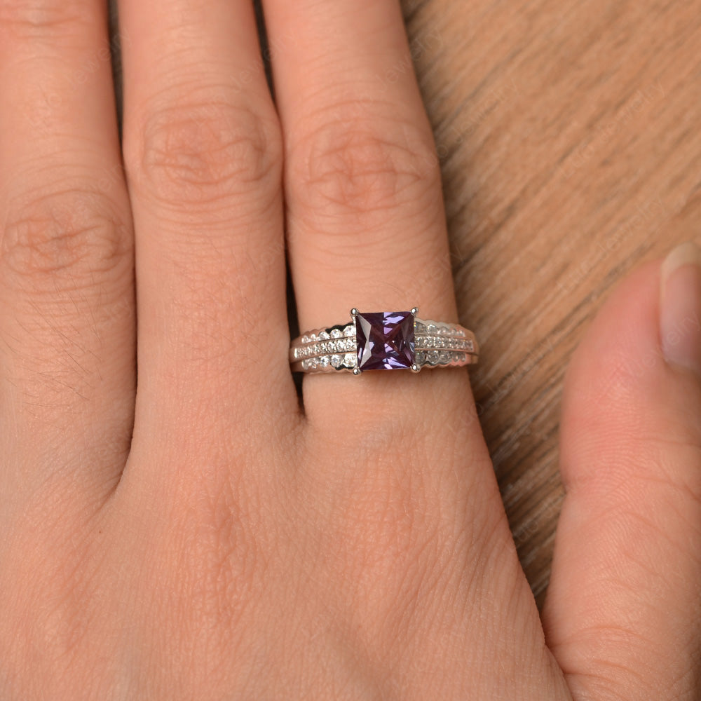 Princess Cut Alexandrite Art Deco Ring Silver - LUO Jewelry