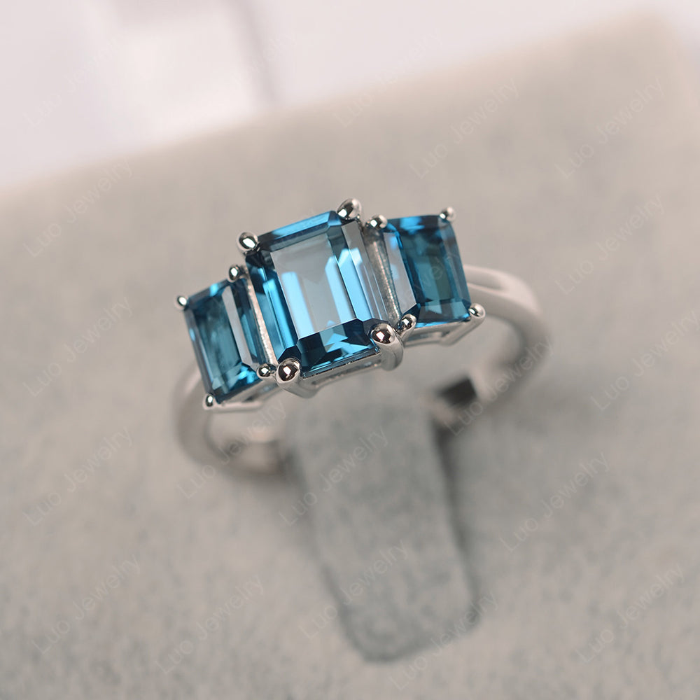 Emerald Cut London Blue Topaz 3 Stone Mothers Ring - LUO Jewelry