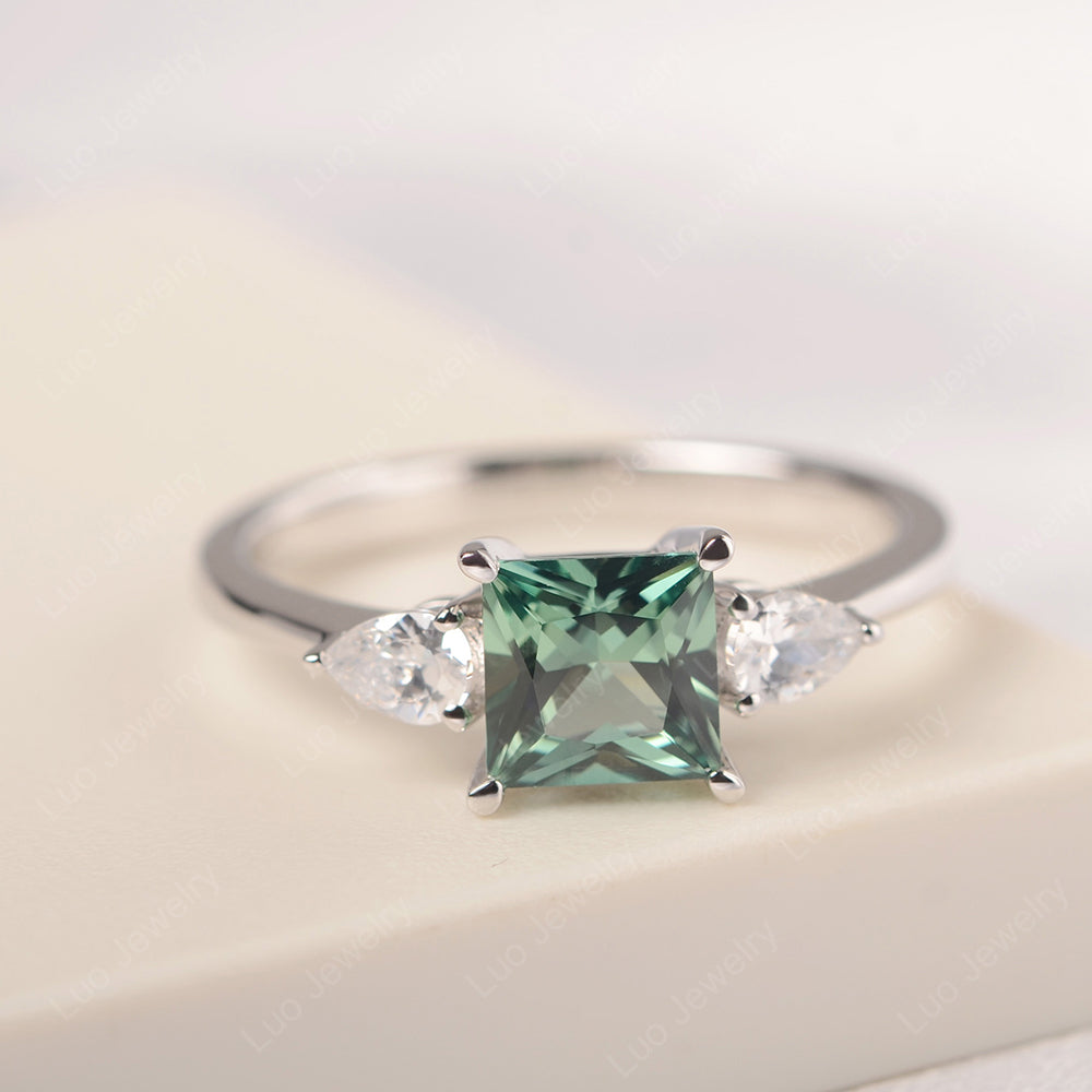 Princess Cut Green Sapphire Ring With Pear Side Stone - LUO Jewelry