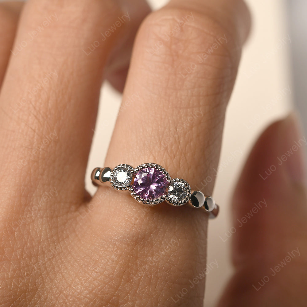 3 Stone Bezel Set Ring Pink Sapphire Mothers Ring - LUO Jewelry
