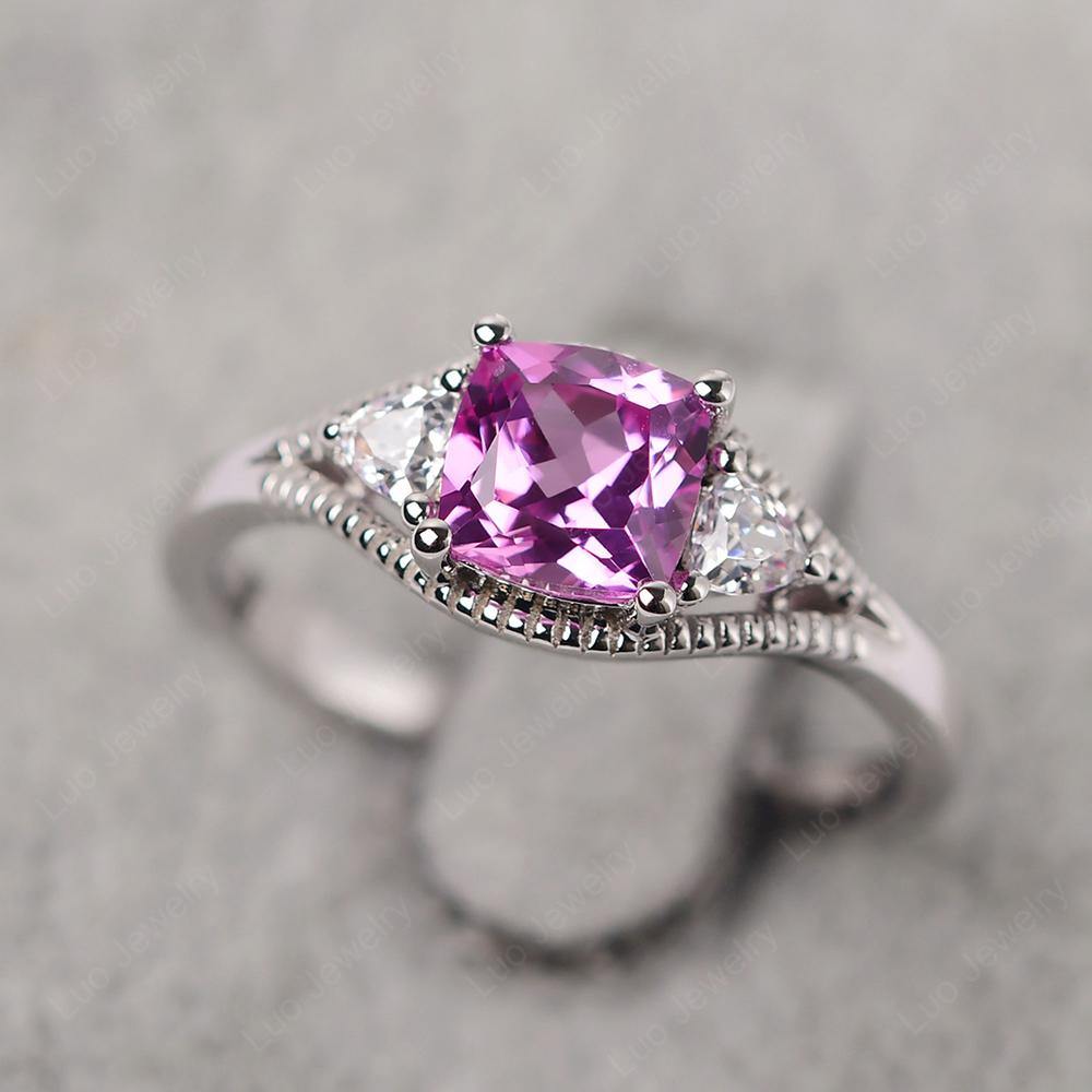 Vintage Pink Sapphire Ring With Trillion Side Stone - LUO Jewelry