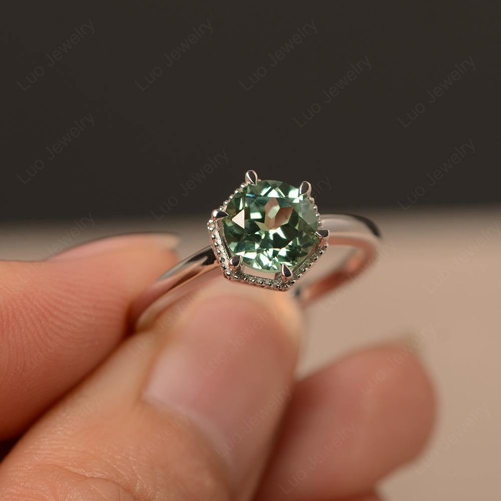 Green Sapphire Hexagon Solitaire Engagement Ring - LUO Jewelry