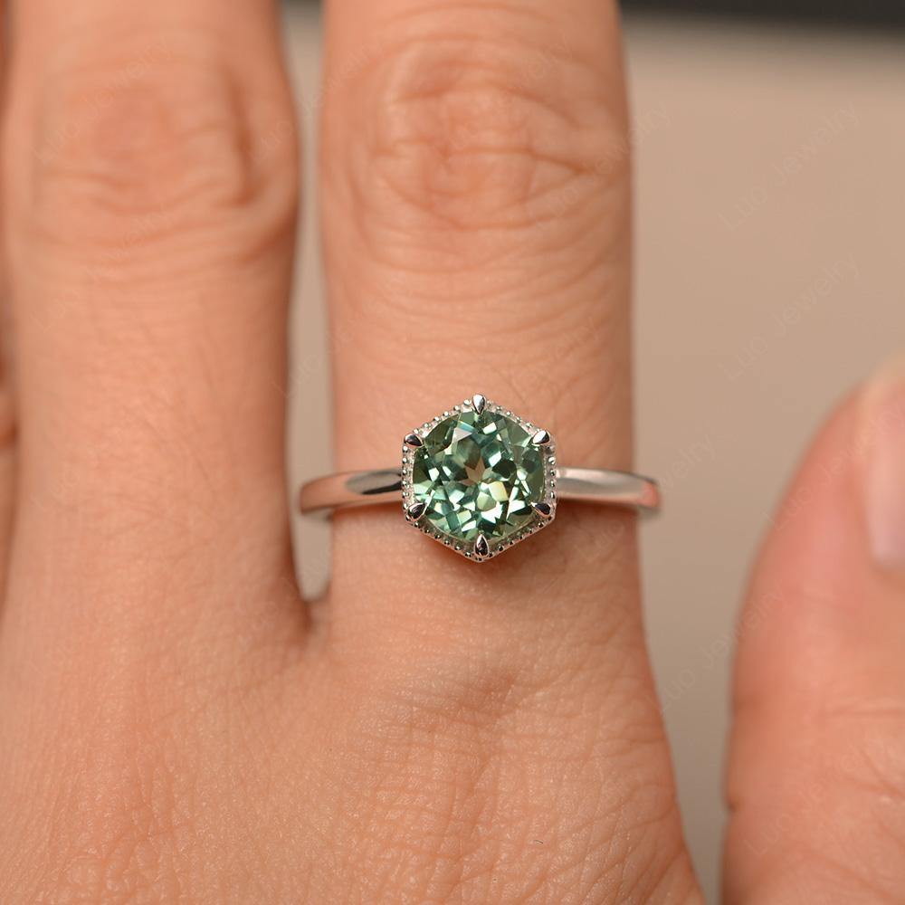 Green Sapphire Hexagon Solitaire Engagement Ring - LUO Jewelry