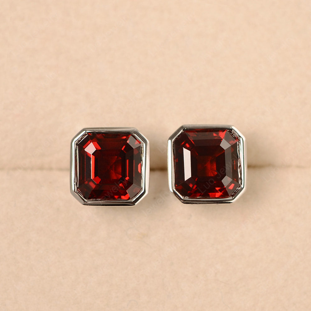 Asscher Cut Bezel Set Garnet Earrings Stud - LUO Jewelry