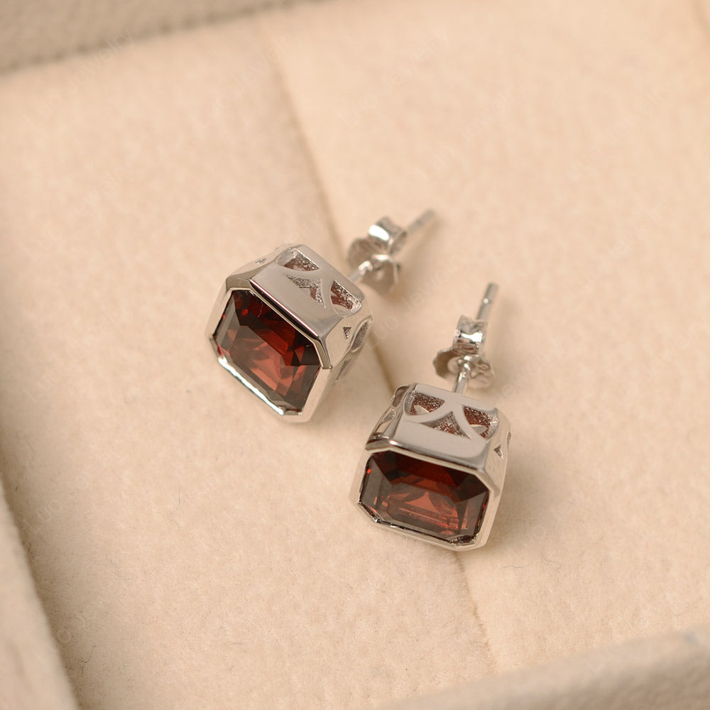 Asscher Cut Bezel Set Garnet Earrings Stud - LUO Jewelry