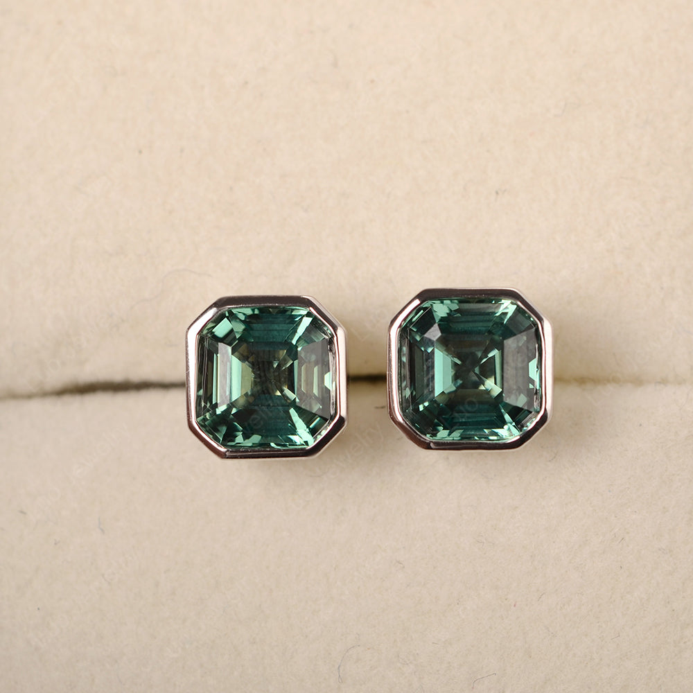 Asscher Cut Bezel Set Green Sapphire Earrings Stud - LUO Jewelry