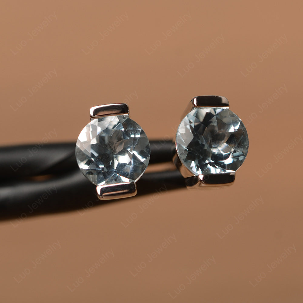 Aquamarine Bezel Set Earrings Stud - LUO Jewelry