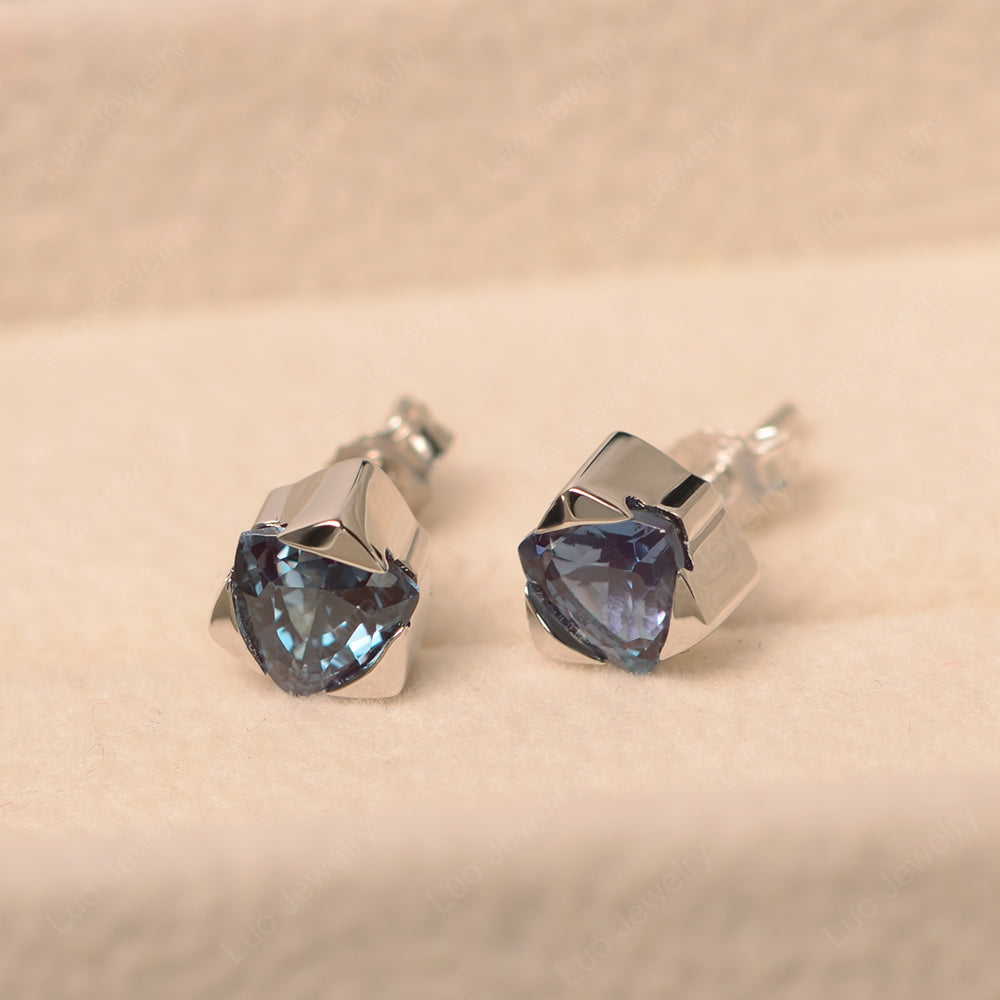 Trillion Cut Bezel Set Alexandrite Stud Earrings - LUO Jewelry