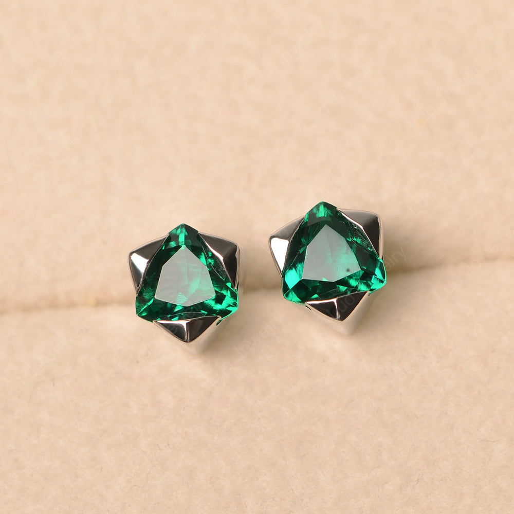 Trillion Cut Bezel Set Lab Emerald Stud Earrings - LUO Jewelry