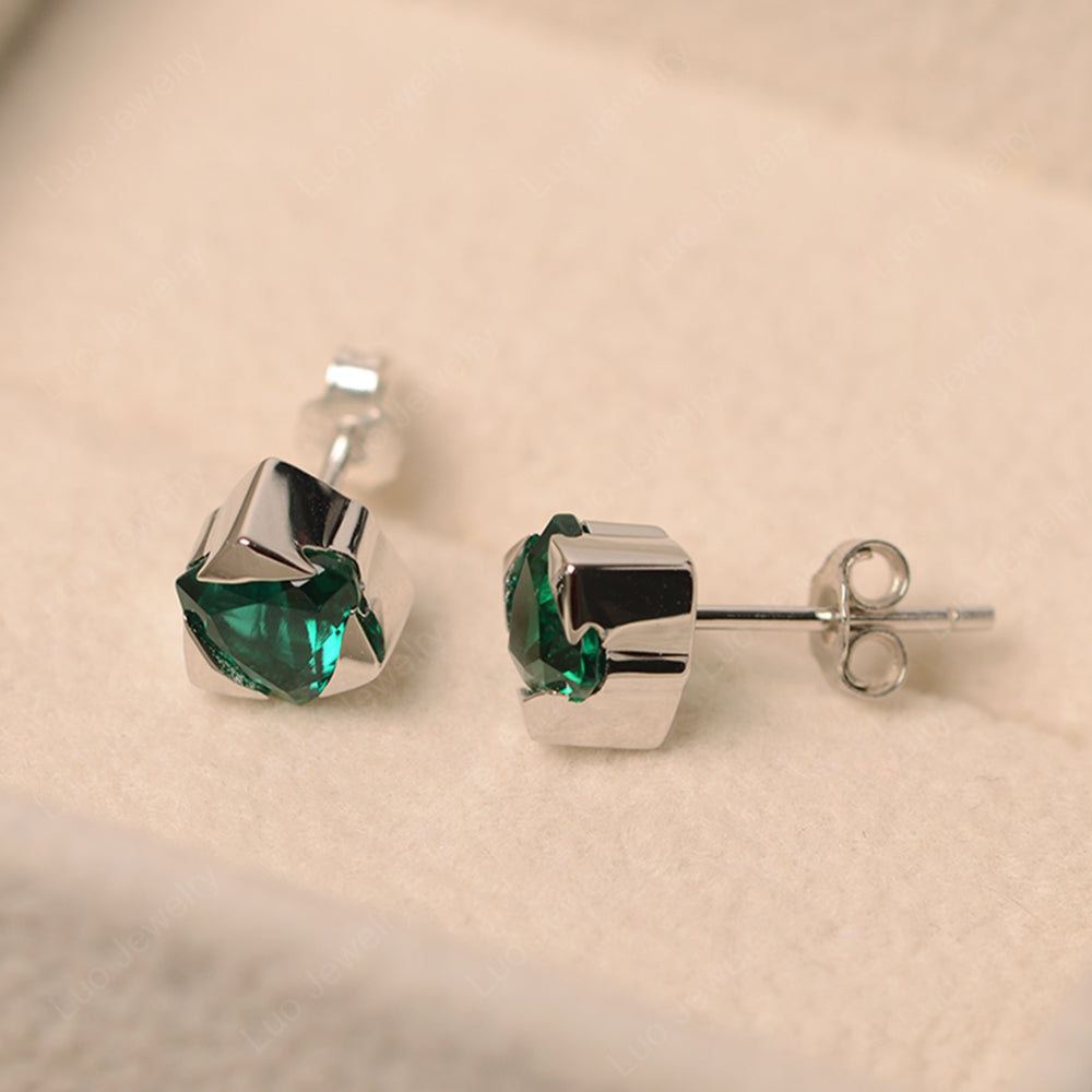 Trillion Cut Bezel Set Lab Emerald Stud Earrings - LUO Jewelry