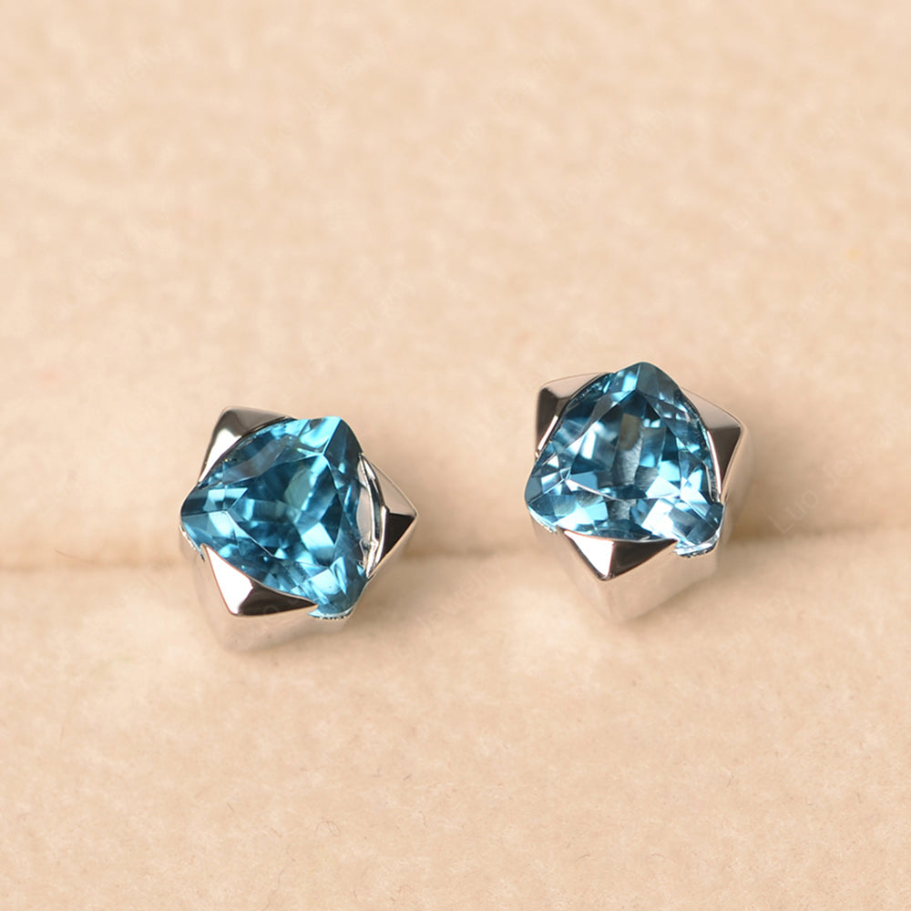 Trillion Cut Bezel Set London Blue Topaz Stud Earrings - LUO Jewelry