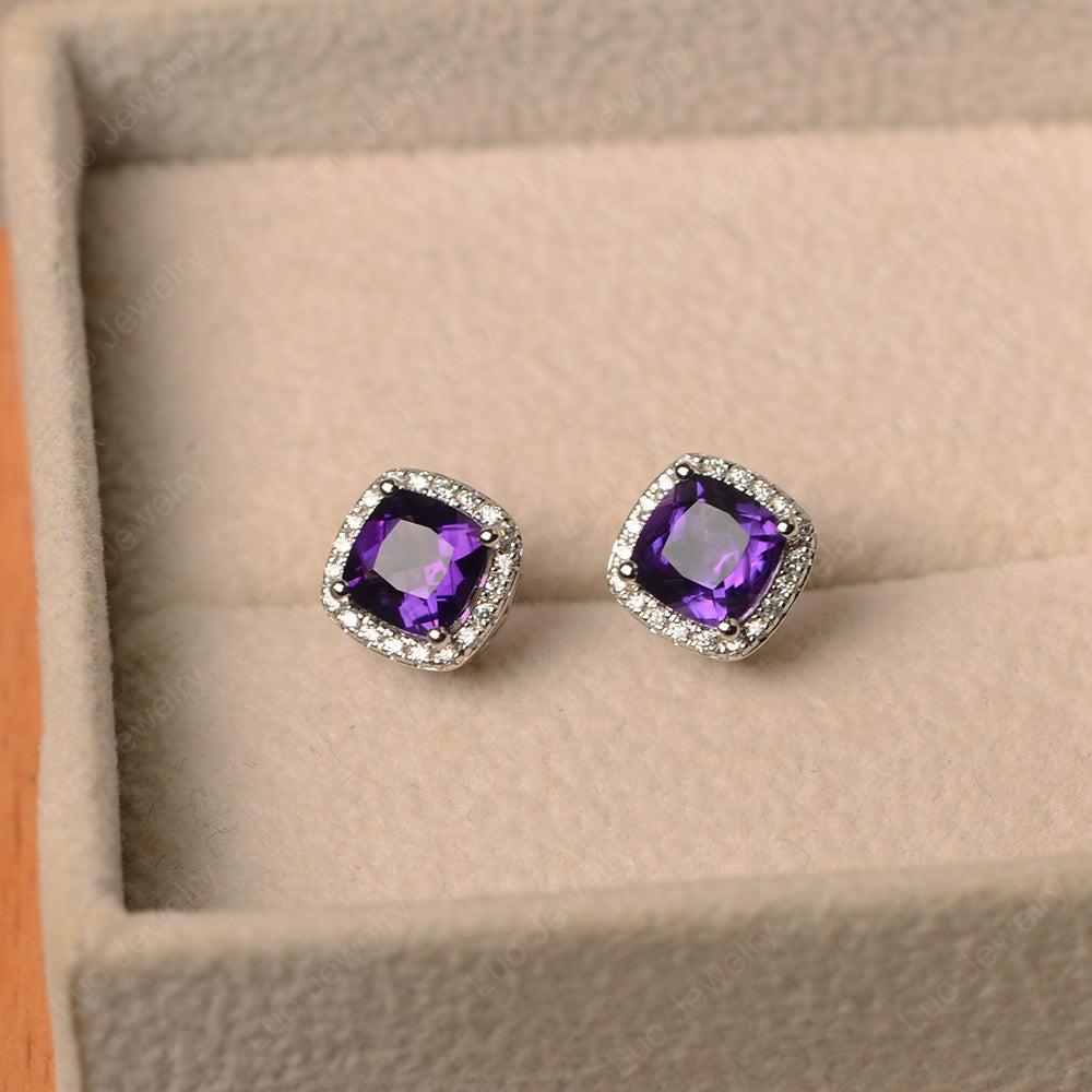 Cushion Cut Amethyst Halo Stud Earrings - LUO Jewelry