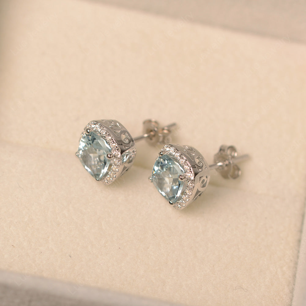 Cushion Cut Aquamarine Halo Stud Earrings - LUO Jewelry