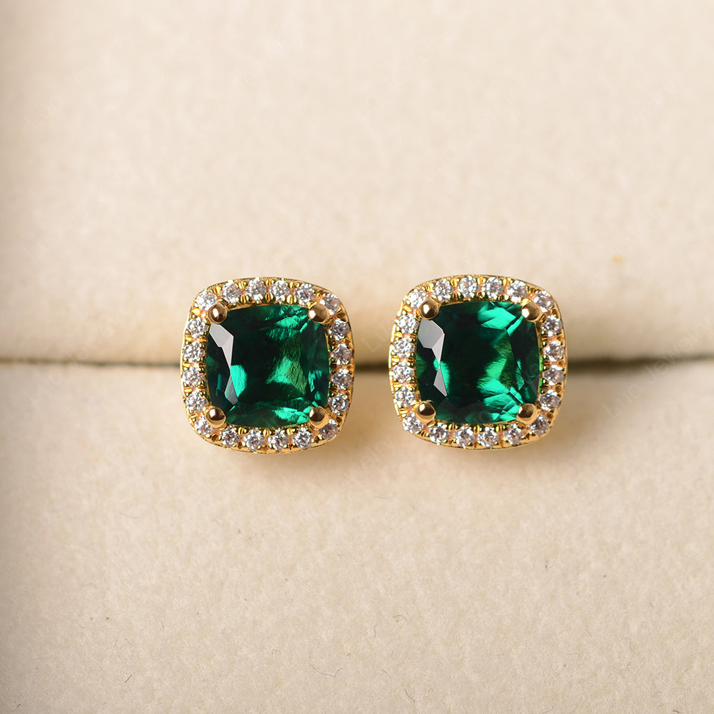 Cushion Cut Lab Emerald Halo Stud Earrings - LUO Jewelry
