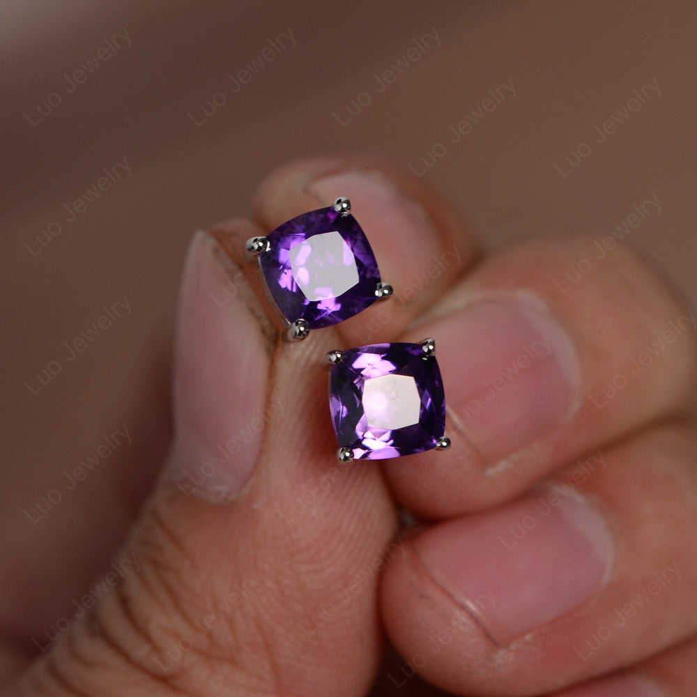 Cushion Cut Amethyst Stud Earrings Silver - LUO Jewelry