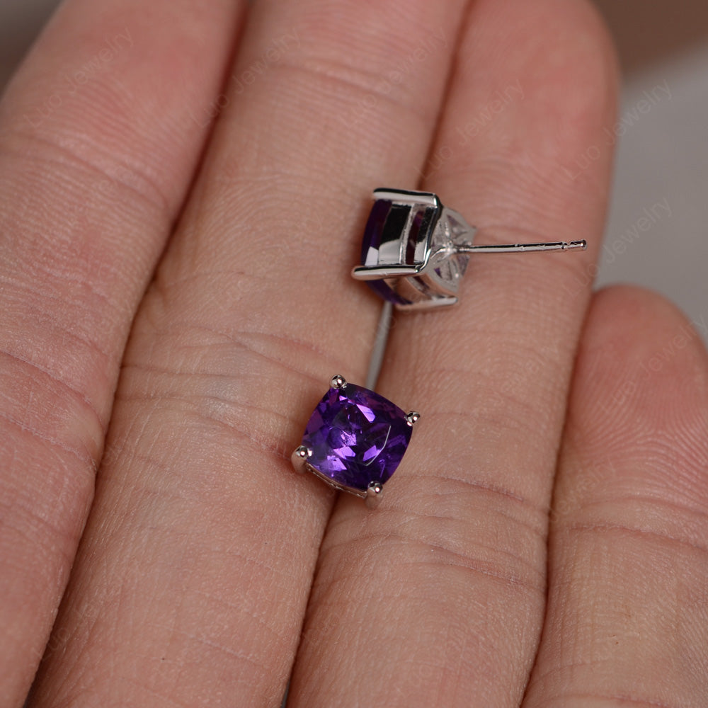 Cushion Cut Amethyst Stud Earrings Silver - LUO Jewelry