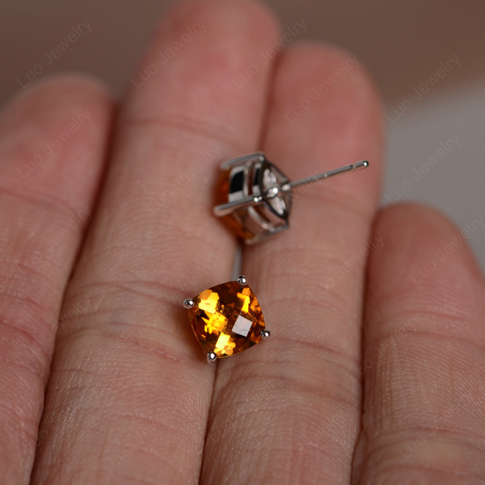 Cushion Cut Citrine Stud Earrings Silver - LUO Jewelry