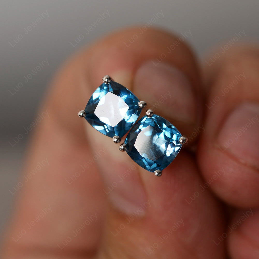 Cushion Cut London Blue Topaz Stud Earrings Silver - LUO Jewelry