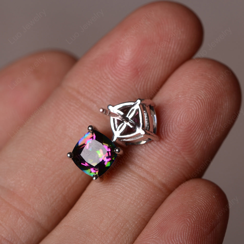 Cushion Cut Mystic Topaz Stud Earrings Silver - LUO Jewelry