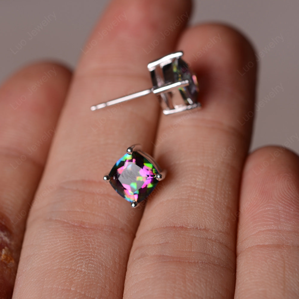 Cushion Cut Mystic Topaz Stud Earrings Silver - LUO Jewelry