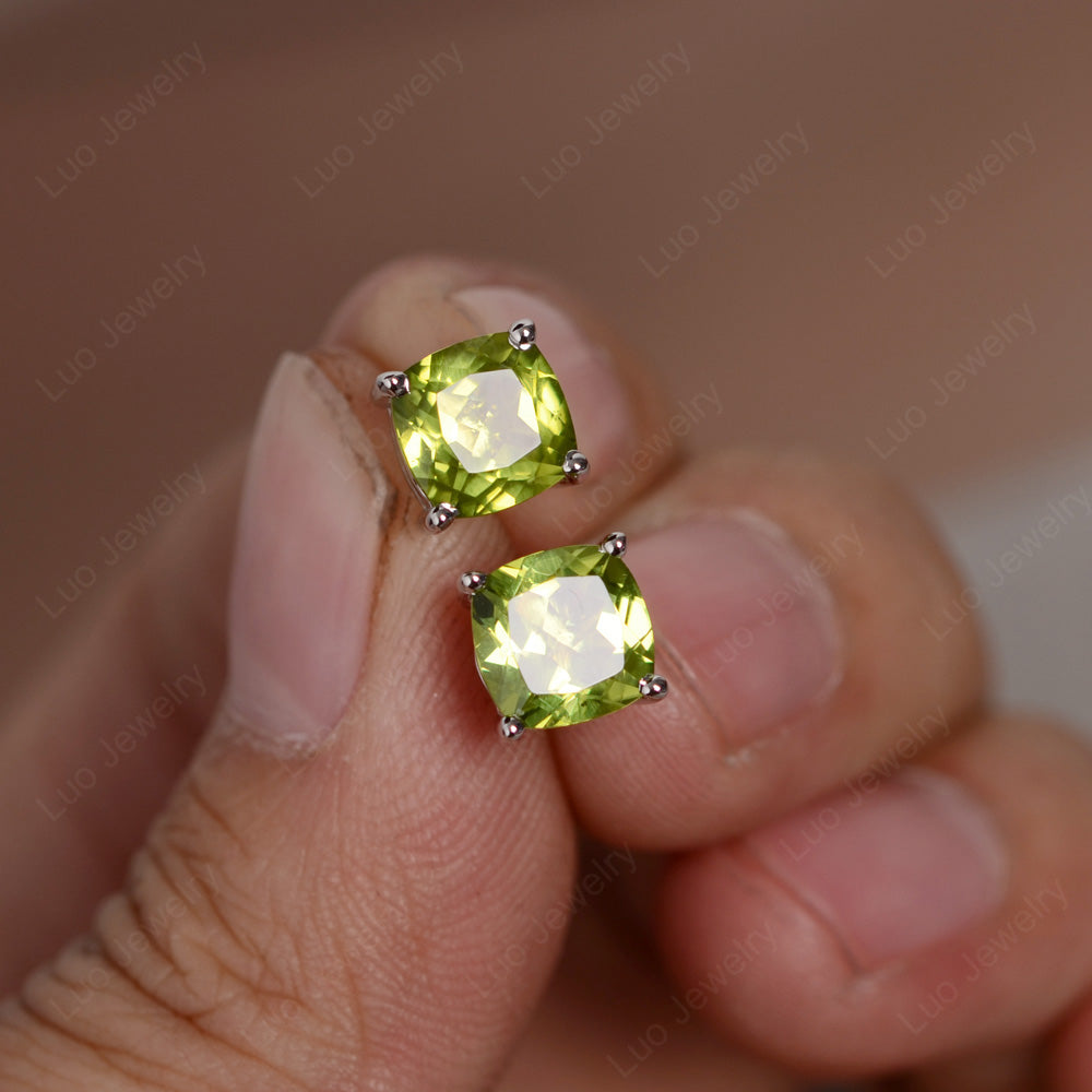 Cushion Cut Peridot Stud Earrings Silver - LUO Jewelry