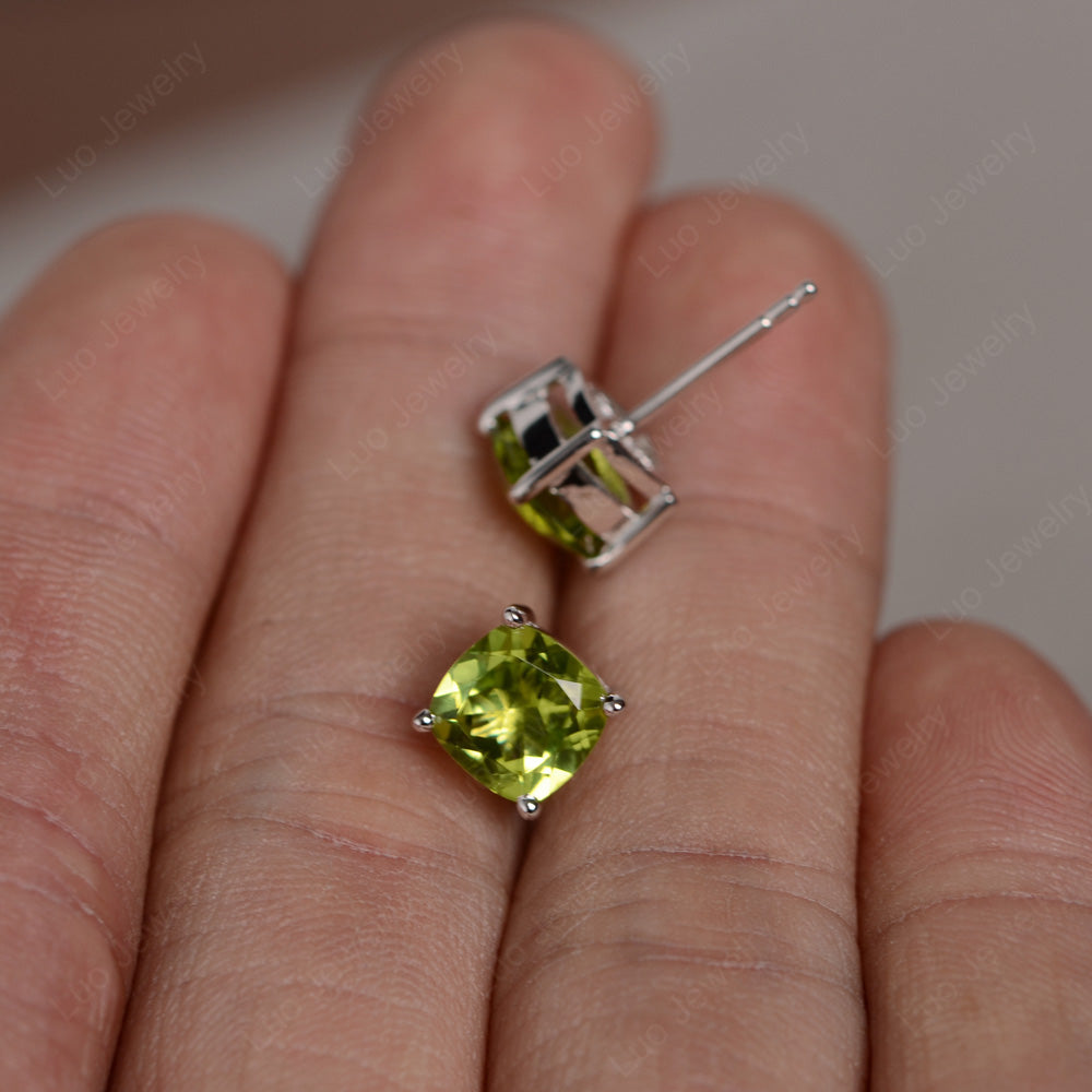 Cushion Cut Peridot Stud Earrings Silver - LUO Jewelry