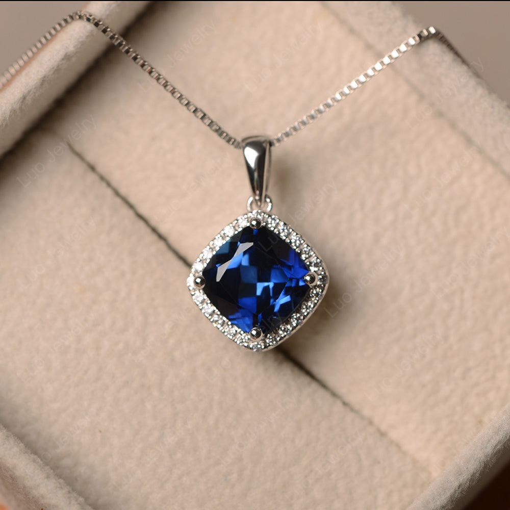 Cushion Cut Halo Kite Set Lab Sapphire Necklace - LUO Jewelry