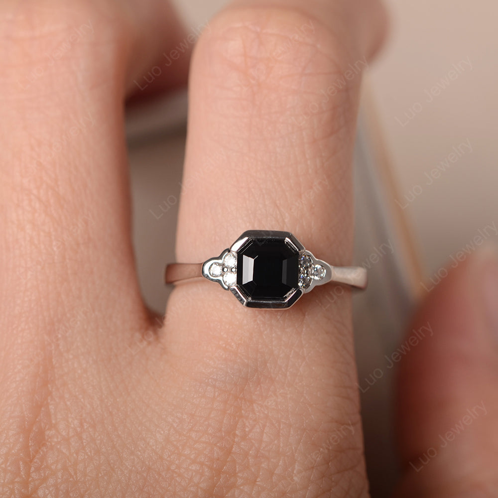 Vintage Asscher Cut Black Spinel Ring White Gold - LUO Jewelry