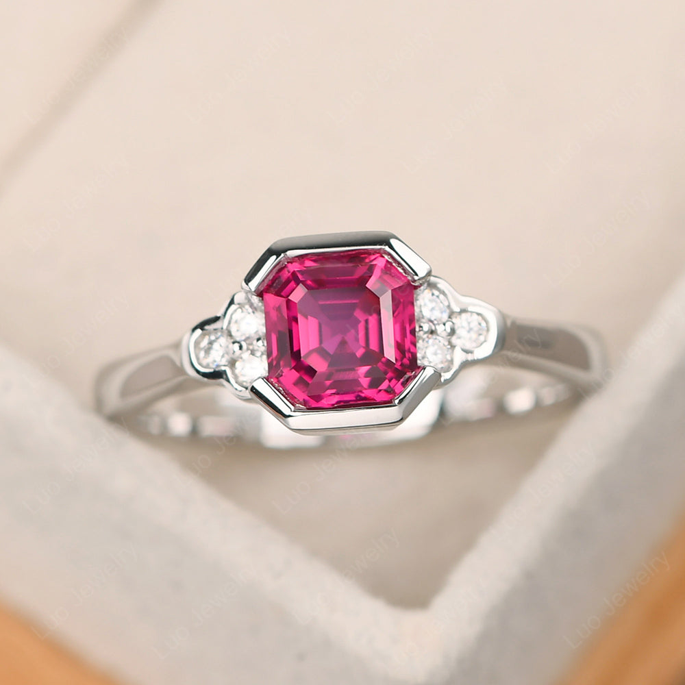 Vintage Asscher Cut Ruby Ring White Gold - LUO Jewelry