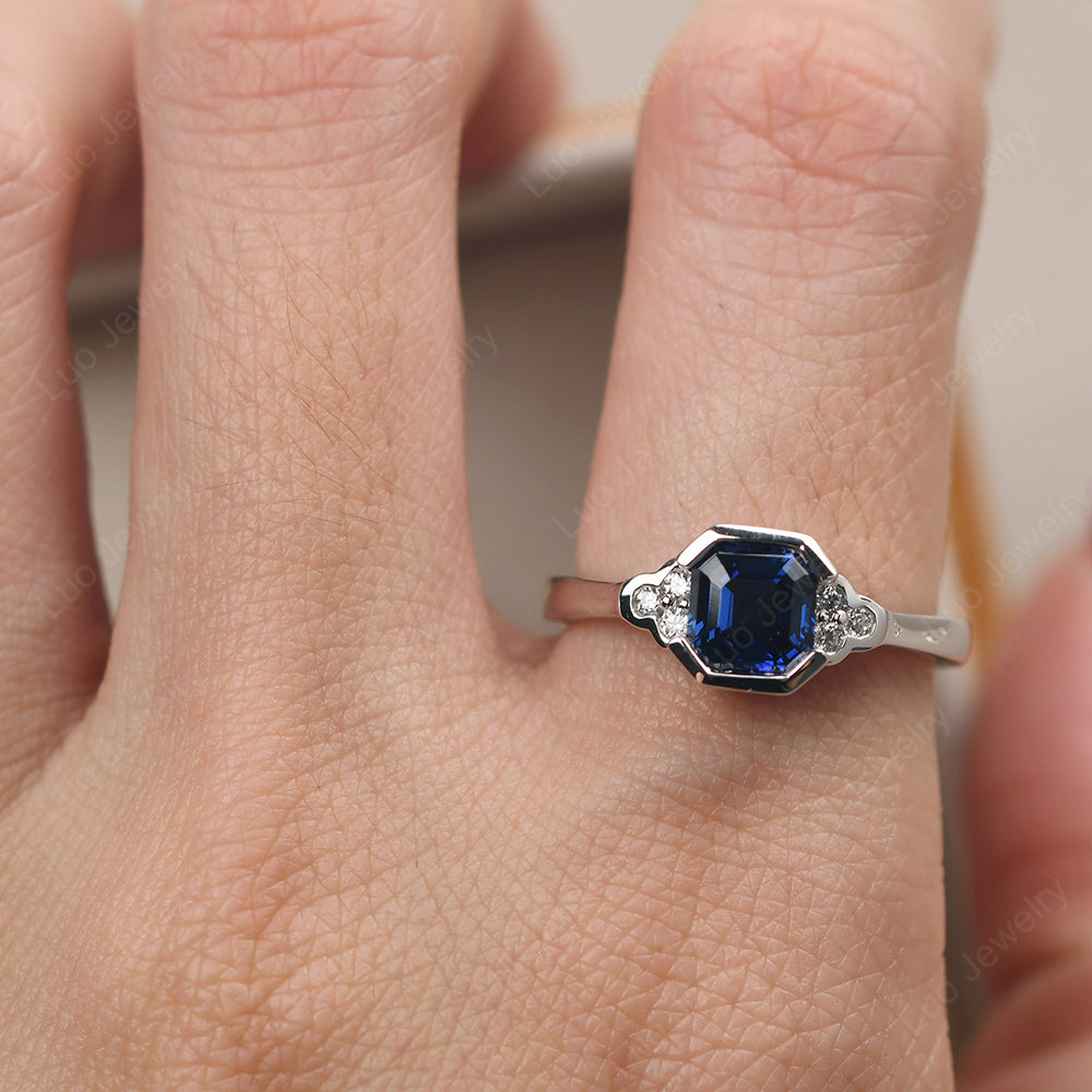 Vintage Asscher Cut Lab Sapphire Ring White Gold - LUO Jewelry