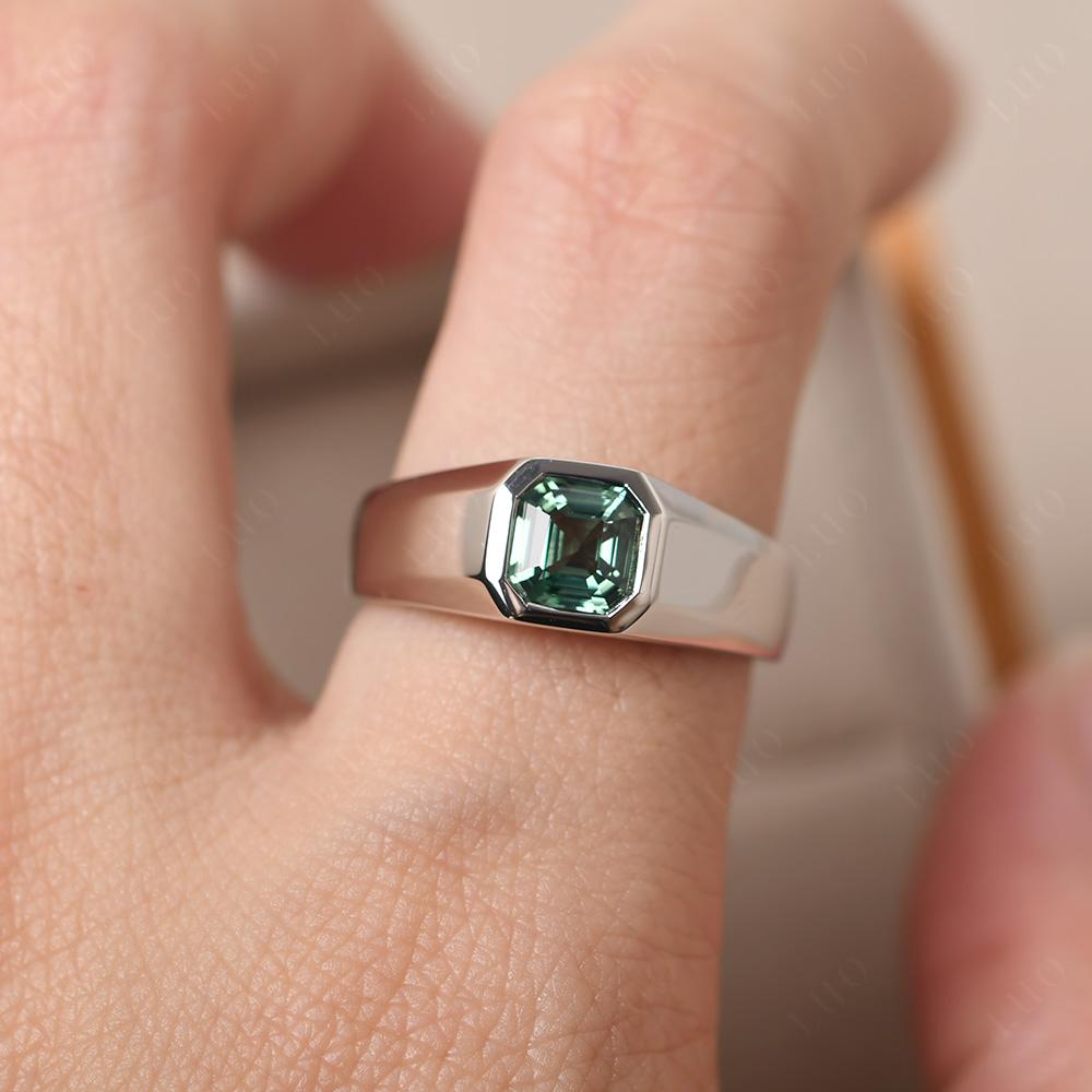 Wide Band Asscher Cut Lab Grown Green Sapphire Ring - LUO Jewelry