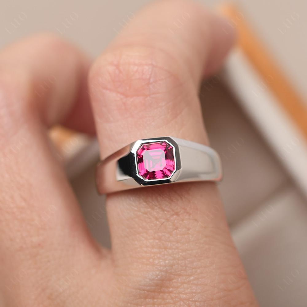 Wide Band Asscher Cut Ruby Ring - LUO Jewelry