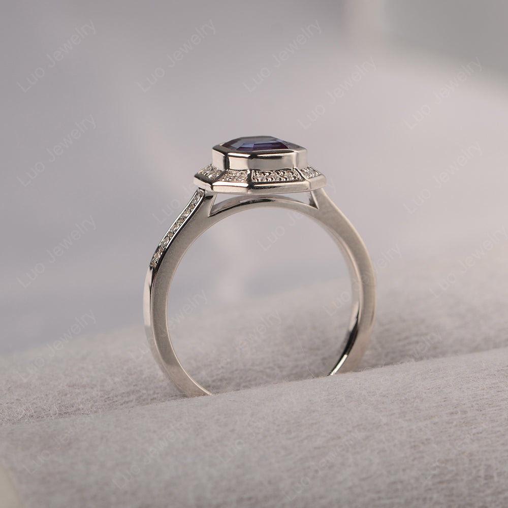 Asscher Cut Alexandrite Bezel Set Halo Engagement Ring - LUO Jewelry