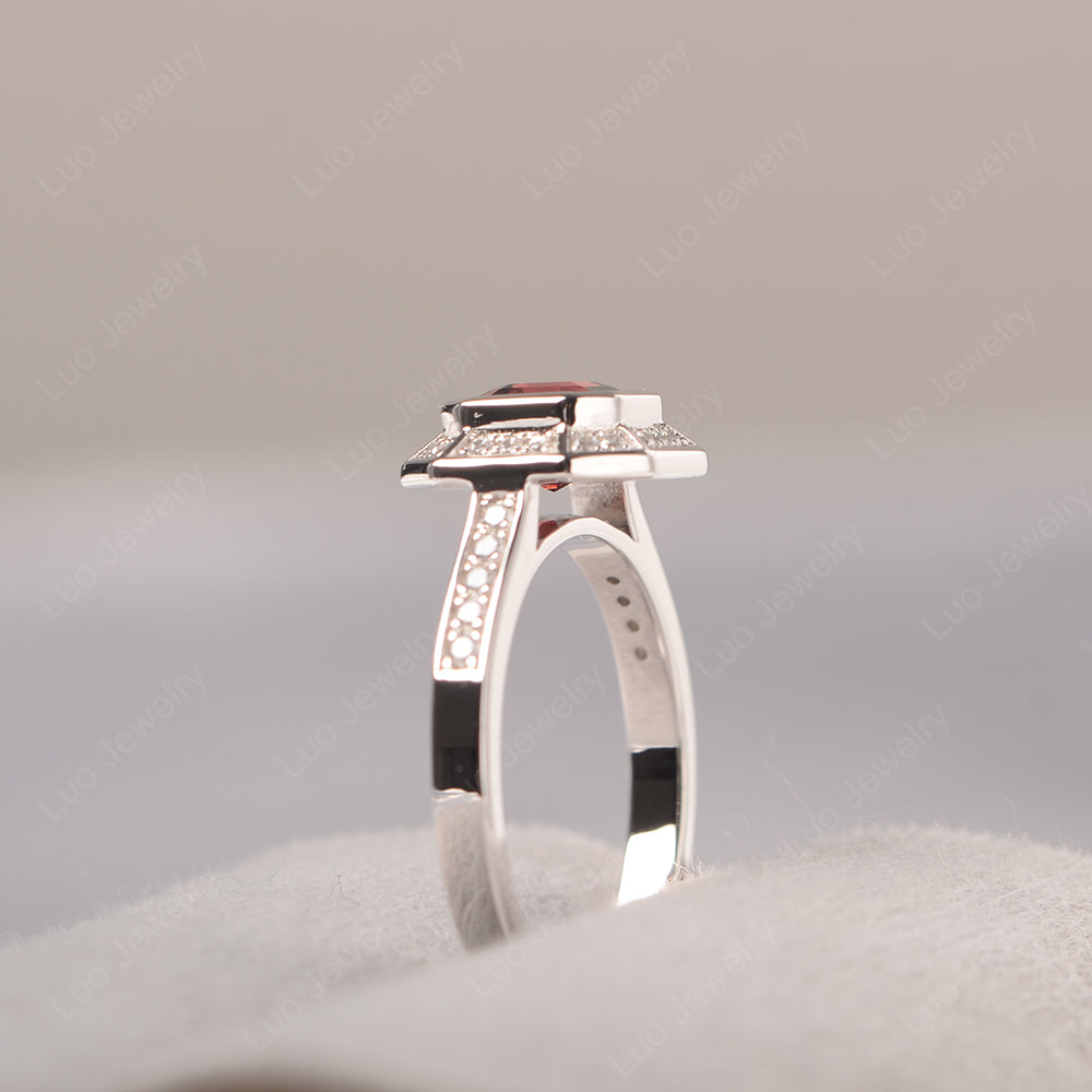 Asscher Cut Garnet Bezel Set Halo Engagement Ring - LUO Jewelry
